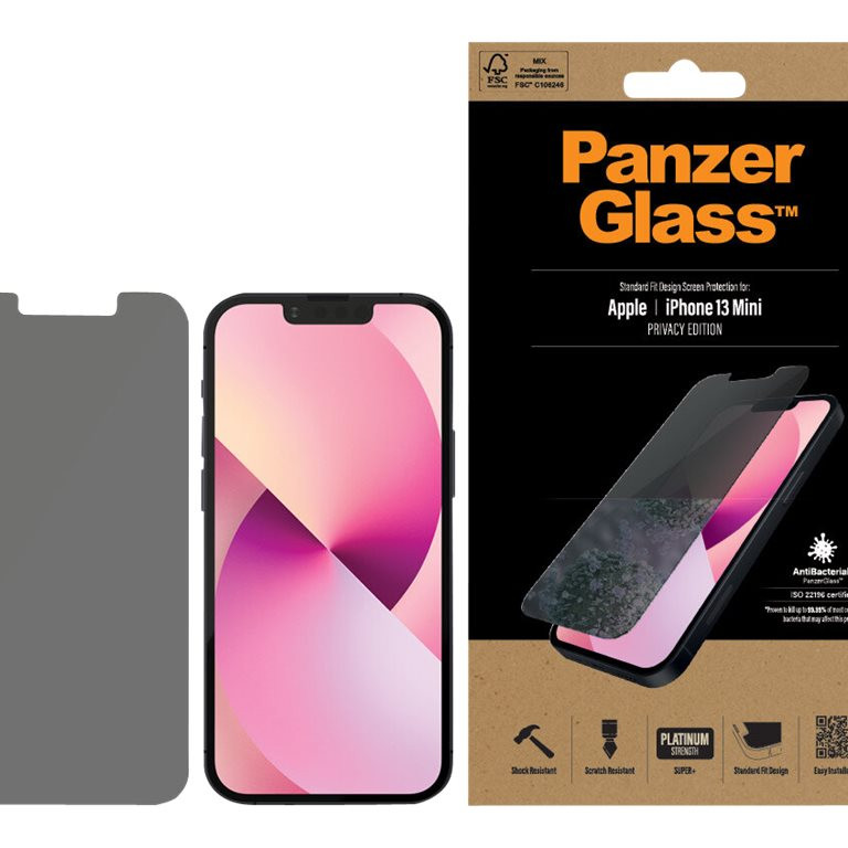 PanzerGlass | Apple | iPhone 13 Mini | Rūdīts stikls | Melns | Kristāltīrs; Izturīgs pret skrāpējumiem un baktērijām; Triecienus absorbējošs; Viegli uzstādāms | Privātuma ekrāna aizsargs
