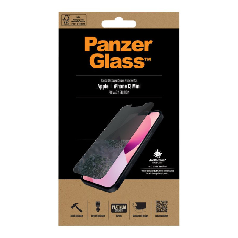 PanzerGlass | Apple | iPhone 13 Mini | Rūdīts stikls | Melns | Kristāltīrs; Izturīgs pret skrāpējumiem un baktērijām; Triecienus absorbējošs; Viegli uzstādāms | Privātuma ekrāna aizsargs