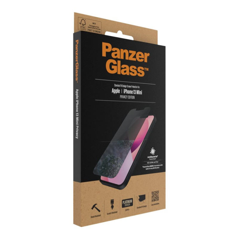 PanzerGlass | Apple | iPhone 13 Mini | Rūdīts stikls | Melns | Kristāltīrs; Izturīgs pret skrāpējumiem un baktērijām; Triecienus absorbējošs; Viegli uzstādāms | Privātuma ekrāna aizsargs