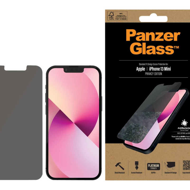PanzerGlass | Apple | iPhone 13 Mini | Rūdīts stikls | Melns | Kristāltīrs; Izturīgs pret skrāpējumiem un baktērijām; Triecienus absorbējošs; Viegli uzstādāms | Privātuma ekrāna aizsargs