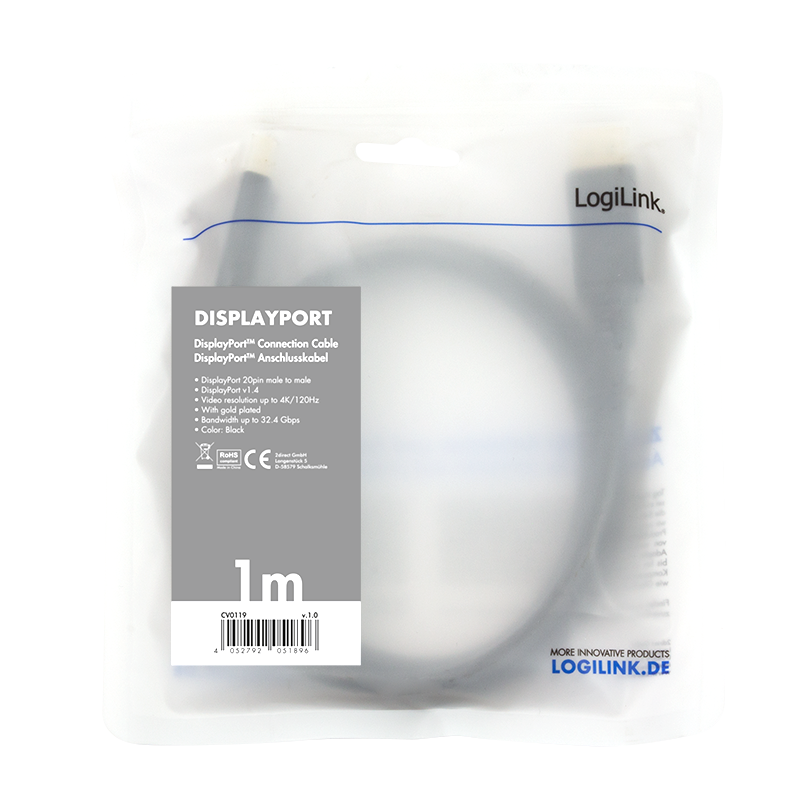 Logilink | DisplayPort kabelis | CV0119 | DP spraudnis | DP spraudnis | DP uz DP | 1 m