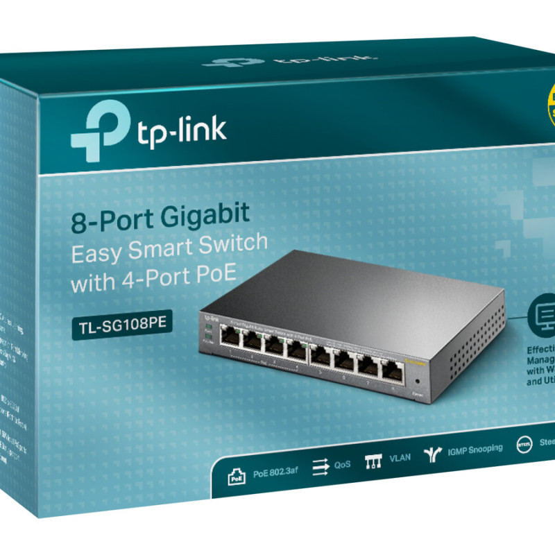 TP-LINK | Smart Switch | TL-SG108PE | Web pārvaldāms | Desktop | Gigabit Ethernet (vara) porti 4 | PoE+ porti 4 | Barošanas avots ārējs | 36 mēneši