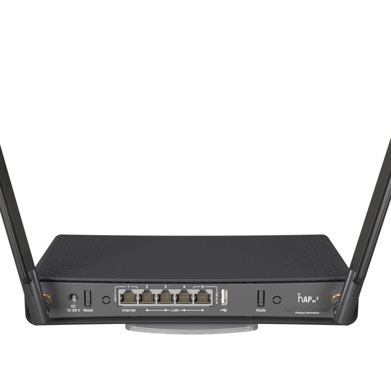 MikroTik | Bezvadu maršrutētājs | HAP AC3 | 802.11ac | 300+867 Mbit/s | 10/100/1000 Mbit/s | Ethernet LAN (RJ-45) porti 5 | Mesh atbalsts Nav | MU-MIMO Nav | Nav mobilo datu | Antenas tips 2xĀrējā | 1 × USB-A
