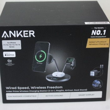 IZPĀRDOTS. Anker Prime bezvadu lādēšanas stacija Qi2.2 25W bezvadu uzlāde (3-in-1, MagGo, AirCool, dokstacija/skatupults) PSU pievienots | IEPAKOTS ATVĒRTS, IESKRAPĒTS UZ EKRĀNA