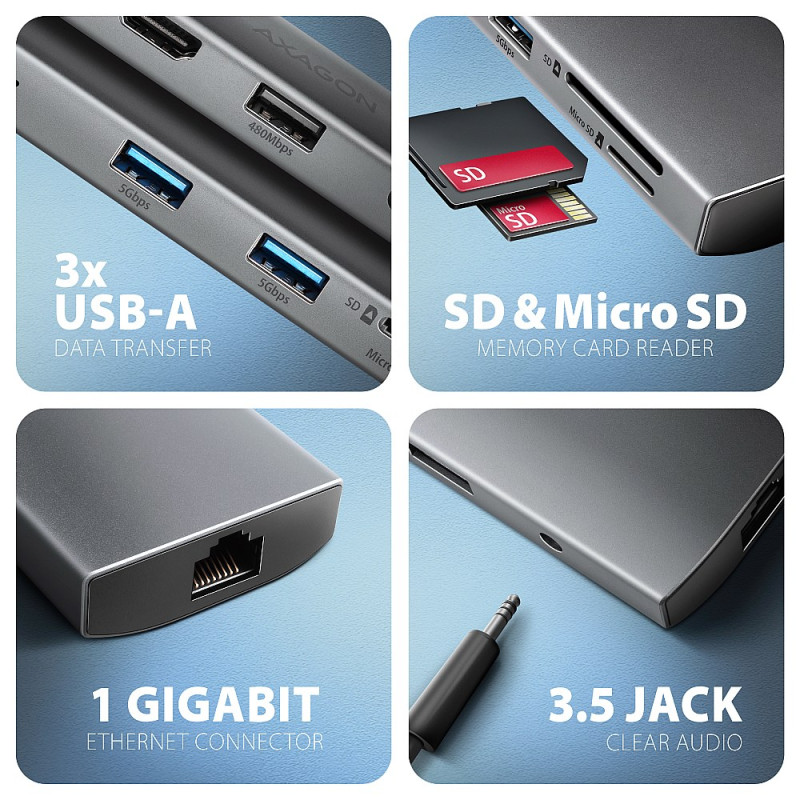 AXAGON daudzportu USB-C 5Gbps centrmezgls | HMC-8HLSA