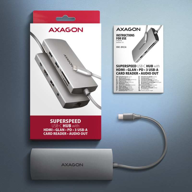 AXAGON daudzportu USB-C 5Gbps centrmezgls | HMC-8HLSA