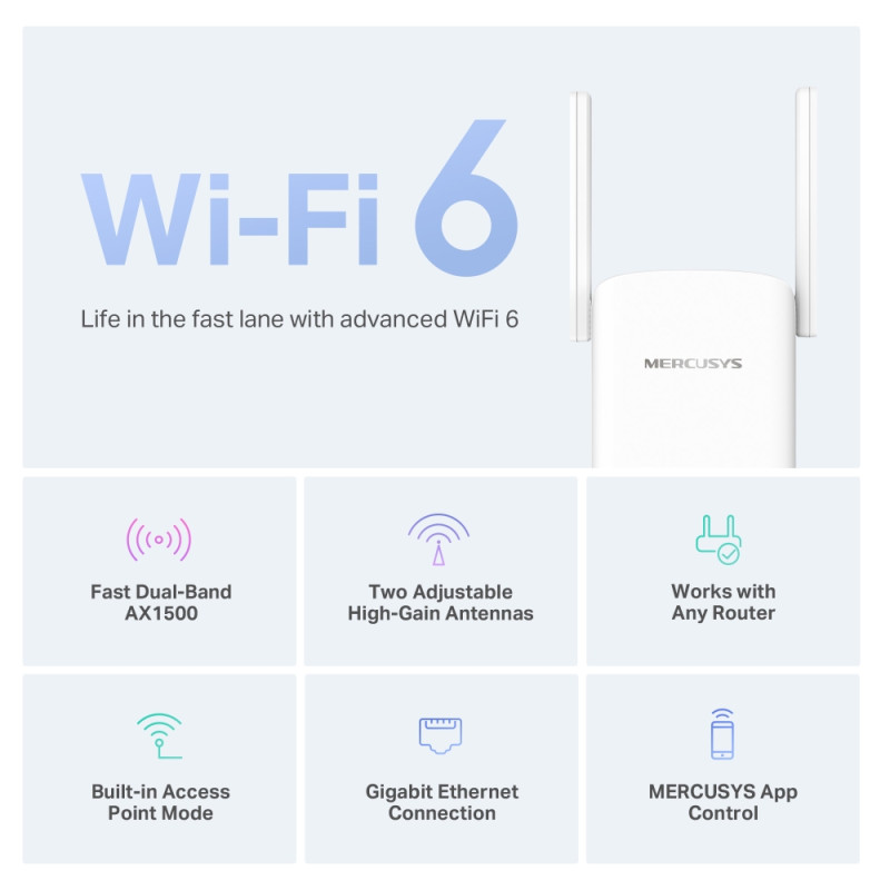 Mercusys AX1500 Wi‑Fi 6 diapazona pastiprinātājs | ME60X | 802.11ax | 1201 Mbit/s | Ethernet LAN (RJ-45) porti 1 | MU‑MIMO Nē | bez PoE | Antenas tips 2xĀrējās