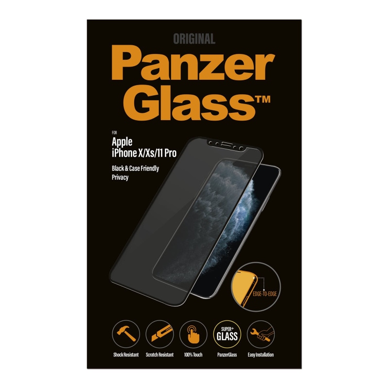 PanzerGlass | P2666 | Ekrāna aizsargstikls | Apple | iPhone X/Xs/11 Pro | Tempered glass | Melns | Konfidencialitātes filtrs; Pilna rāmja pārklājums; Anti-shatter film (turu stiklu kopā un aizsargā pret stikla šķembām bojājuma gadījumā); Case Friendly – saderīgs ar visiem maciņiem; Anti-glare pārklājums (mazina gaismas atstarošanos); Zilās gaismas samazināšana; Vienkārša uzstādīšana ar pilnu līmi; Oleofobisks slānis (antibakteriāls + pret pirkstu nospiedumiem); 100% skāriena saglabāšana; Saglabā