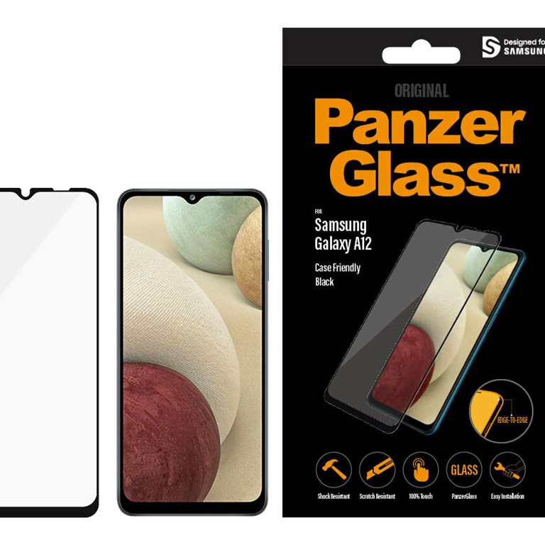 PanzerGlass | Samsung | Galaxy A12 | Rūdīts stikls | Melns | Pilna rāmis; Apaļas malas; Kristālskaidrs; 100% skāriena saglabāšana | Saderīgs ar maciņiem