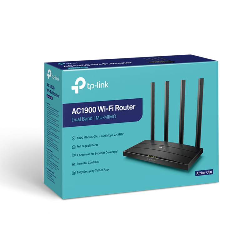 TP-LINK | AC1900 Wireless MU-MIMO Wi-Fi 5 maršrutētājs | Archer C80 | 802.11ac | 1300+600 Mbit/s | 10/100/1000 Mbit/s | Ethernet LAN (RJ-45) porti 4 | Mesh atbalsts Nav | MU-MIMO Jā | Nav mobilo plašsaziņas līdzekļu | Antenas tips 4xFixed