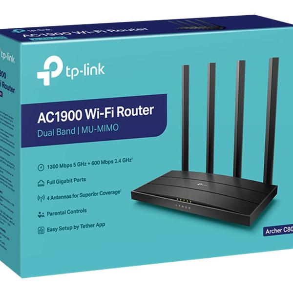 TP-LINK | AC1900 Wireless MU-MIMO Wi-Fi 5 maršrutētājs | Archer C80 | 802.11ac | 1300+600 Mbit/s | 10/100/1000 Mbit/s | Ethernet LAN (RJ-45) porti 4 | Mesh atbalsts Nav | MU-MIMO Jā | Nav mobilo plašsaziņas līdzekļu | Antenas tips 4xFixed