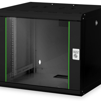 Digitus | Sienas stiprināms skapis | DN-19 09-U-SW | IP aizsardzības klase: IP20; Priekšējās durvis: Stikla durvis, viena atvēršana; Skapja tips: Sienas stiprināms skapis; Iekārtu montāžas dziļums min.-maks.: 305-370 mm; Slodzes jauda: 100 kg | Melns