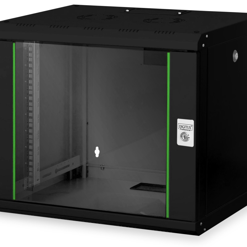 Digitus | Sienas stiprināms skapis | DN-19 09-U-SW | IP aizsardzības klase: IP20; Priekšējās durvis: Stikla durvis, viena atvēršana; Skapja tips: Sienas stiprināms skapis; Iekārtu montāžas dziļums min.-maks.: 305-370 mm; Slodzes jauda: 100 kg | Melns