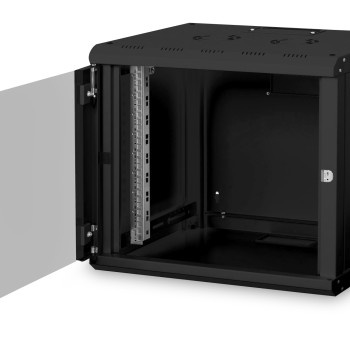 Digitus | Sienas stiprināms skapis | DN-19 09-U-SW | IP aizsardzības klase: IP20; Priekšējās durvis: Stikla durvis, viena atvēršana; Skapja tips: Sienas stiprināms skapis; Iekārtu montāžas dziļums min.-maks.: 305-370 mm; Slodzes jauda: 100 kg | Melns