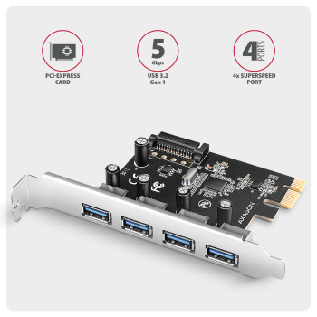 AXAGON PCI-Express karte ar četriem ārējiem USB-A 5Gbps portiem | PCEU-430RS