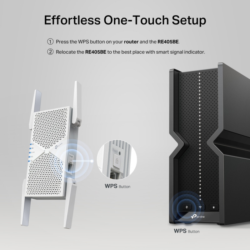 TP-LINK BE6500 Dual-Band Wi-Fi 7 Range Extender | RE405BE | 2.4 GHz, 5 GHz | 802.11ax | 688/5764 Mbit/s | Ethernet LAN (RJ-45) ports 1 | MU-MiMO No | no PoE