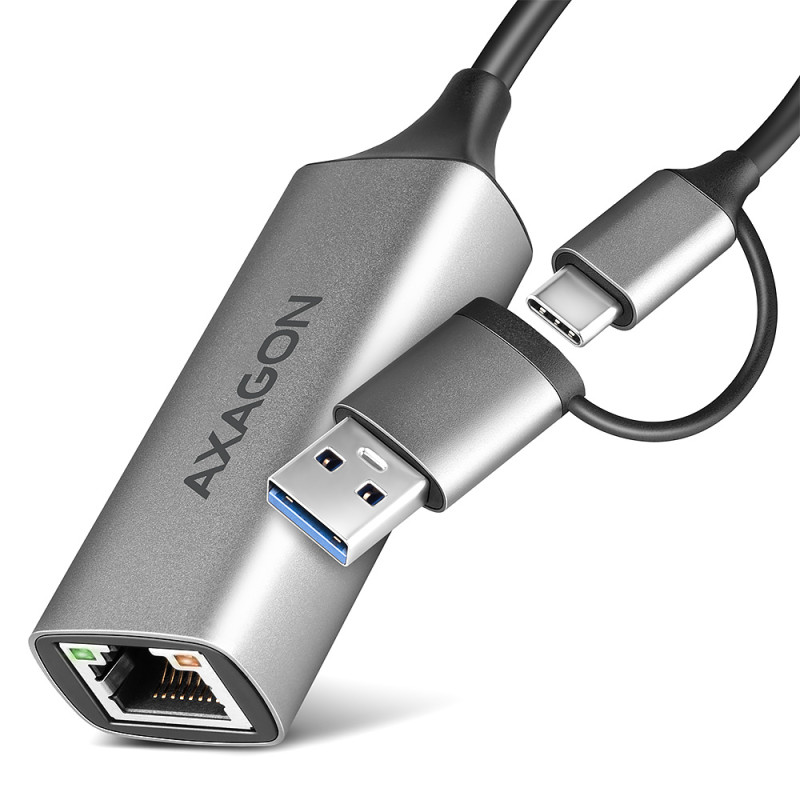 AXAGON ADE-TXCA Kompakts alumīnija USB 3.2 Gen 1 Gigabit Ethernet 10/100/1000Mbit adapters ar automātisku instalāciju, Nintendo Switch atbalsts un USB C-A redukcija