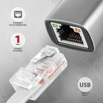 AXAGON ADE-TXCA Kompakts alumīnija USB 3.2 Gen 1 Gigabit Ethernet 10/100/1000Mbit adapters ar automātisku instalāciju, Nintendo Switch atbalsts un USB C-A redukcija