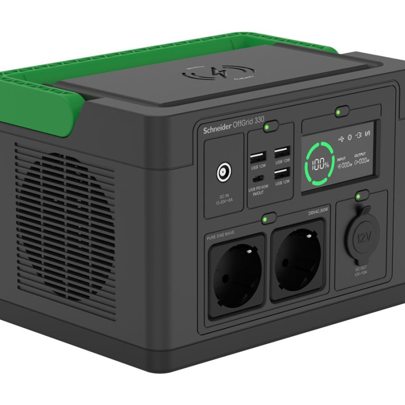 Schneider Electric Schneider OffGrid portatīvā elektroenerģijas stacija 330, 230V, 332Wh litija jonu, LCD, 2 CEE 7/3 Schuko ligzdas, sinusoīdā viļņa, 3 USB-A, 1 USB-C, bezvadu lādētājs | PPS330-GR
