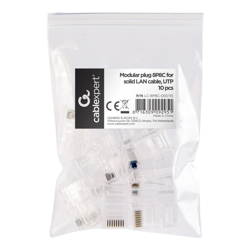 Modular plug 8P8C for solid LAN cable CAT5, UTP, 10 pcs. per bag | Modular 8P8C RJ45 plug, 30u” gold plated, 3-fork internal contacts for use with solid LAN cables