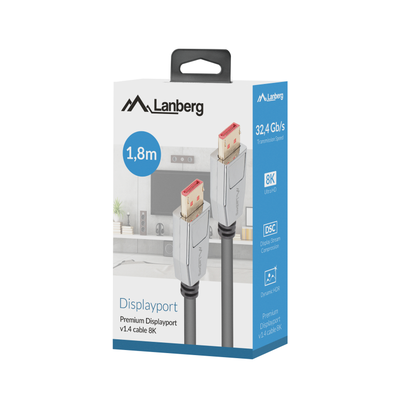Lanberg DisplayPort M/M kabelis 20 PIN V1.4 8K 60HZ | CA-DPDP-20CU-0018-BK | DisplayPort uz DisplayPort | 1.8 m