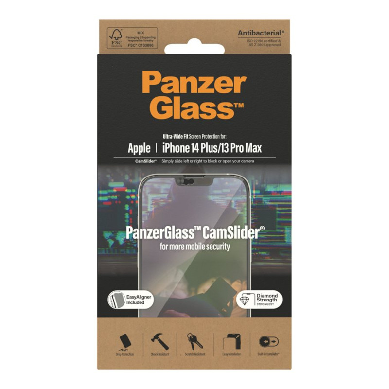 PanzerGlass | CamSlider | Apple | iPhone 14 Plus/13 Pro Max | Temperēts stikls | Caurspīdīgs | Aizsargā visu ekrānu; 100% skārienjūtība; Vienkārša uzstādīšana | Ekrāna aizsargplēve