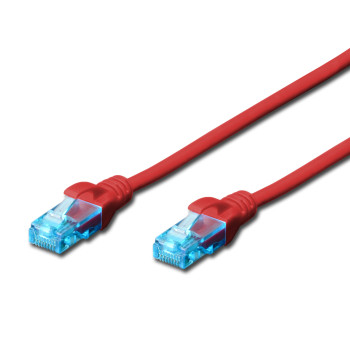 CAT 5e U-UTP | Komunācijas kabelis | PVC AWG 26/7 | Aizsargi pret saliekšanos, stiepļu atvieglojums un aizbīdņa aizsardzība | Sarkans | 0.5 m | Moduļveida RJ45 (8/8) spraudnis