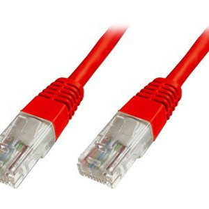 CAT 5e U-UTP | Komunācijas kabelis | PVC AWG 26/7 | Aizsargi pret saliekšanos, stiepļu atvieglojums un aizbīdņa aizsardzība | Sarkans | 0.5 m | Moduļveida RJ45 (8/8) spraudnis