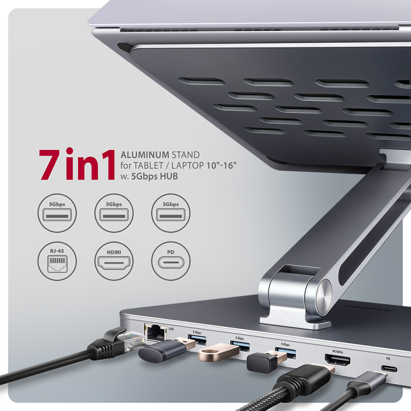 AXAGON Desk Mount | HMC-STND USB-C 5Gbps statīvs un hubs 7in1 | Regulējama augstuma, slīpuma | 10-16