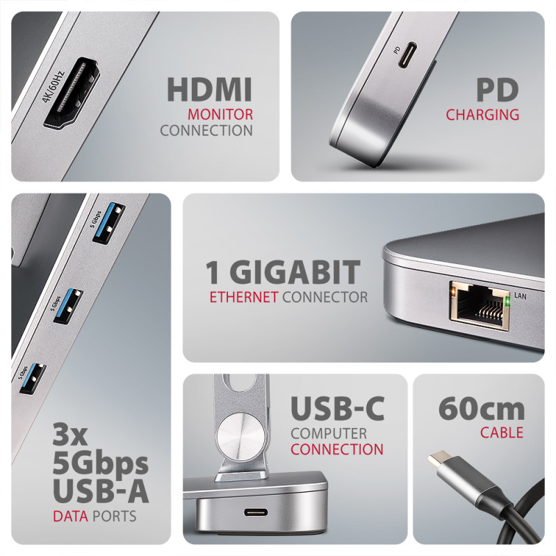 AXAGON Desk Mount | HMC-STND USB-C 5Gbps statīvs un hubs 7in1 | Regulējama augstuma, slīpuma | 10-16