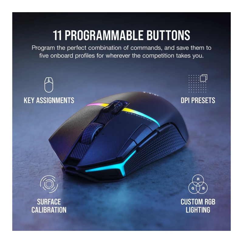Corsair | Gaming peliņa | NIGHTSABRE RGB | Bezvadu | Bluetooth, 2,4 GHz | Melna