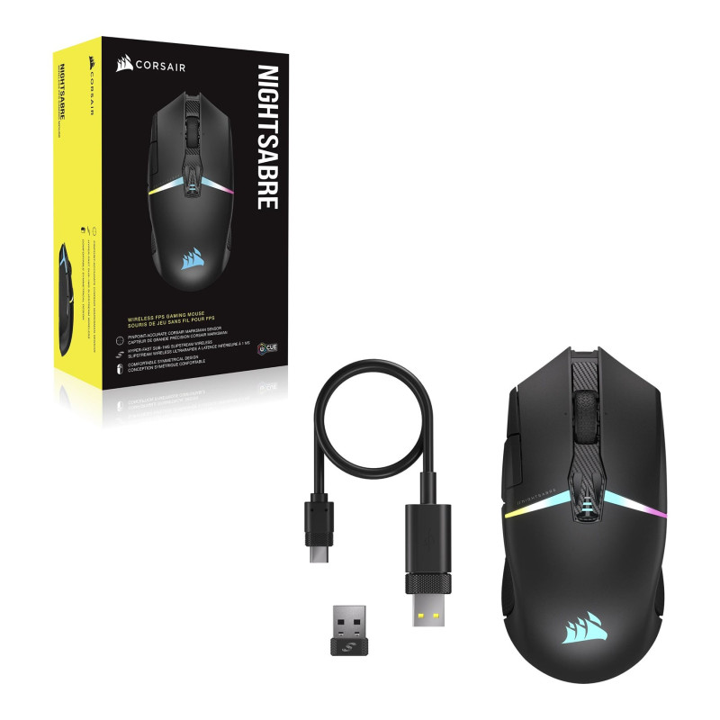 Corsair | Gaming peliņa | NIGHTSABRE RGB | Bezvadu | Bluetooth, 2,4 GHz | Melna