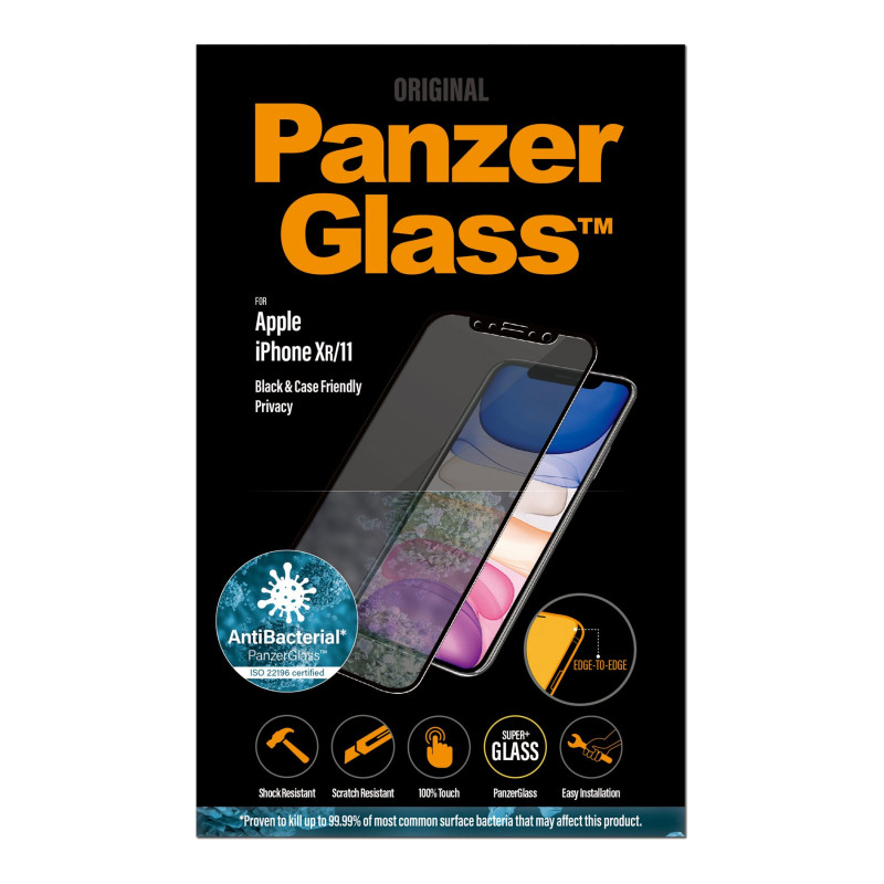PanzerGlass | P2665 | Ekrāna aizsargs | Apple | iPhone Xr/11 | Stikla rūdīts | Melns | Konfidencialitātes filtrs; Pilna rāmissegšana; Pretplēves pārklājums (tur stiklu kopā un pasargā no stikla šķembām bojājuma gadījumā); Saderīgs ar vākciem; Pretatspīduma pārklājums (samazina gaismas atstarošanos); Zilās gaismas samazināšana; Vienkārša uzstādīšana ar pilnu līmi; Oleofobisks slānis (pretbakteriāls + pretpirkstu nospiedumu); 100% skāriena saglabāšana; Saglabā visas tālruņa funkcijas