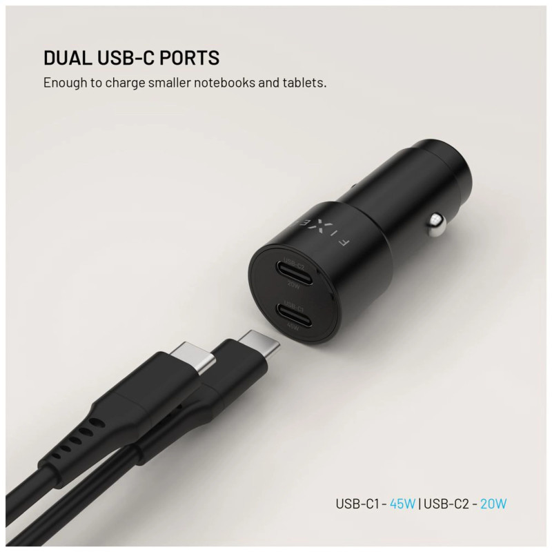 Fixed Dual USB-C Auto Lādētājs, 65W, PD 3.0