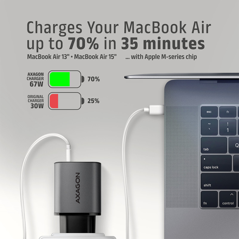 AXAGON Wall charger 67W, 2x port (USB-A + USB-C) PD3.0/PPS/QC4+/SFC 2.0/Apple | ACU-PQ67