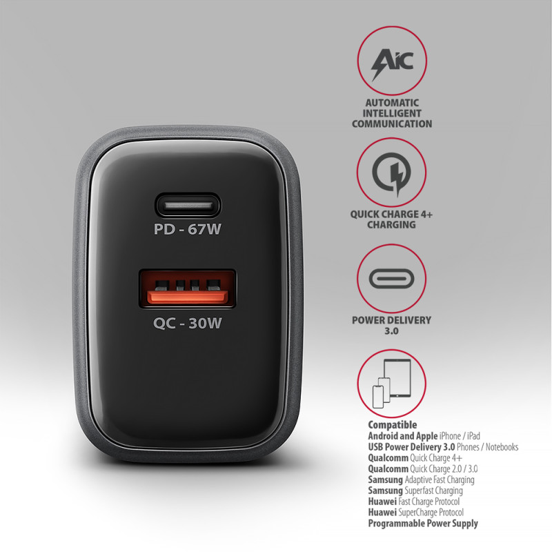 AXAGON Wall charger 67W, 2x port (USB-A + USB-C) PD3.0/PPS/QC4+/SFC 2.0/Apple | ACU-PQ67