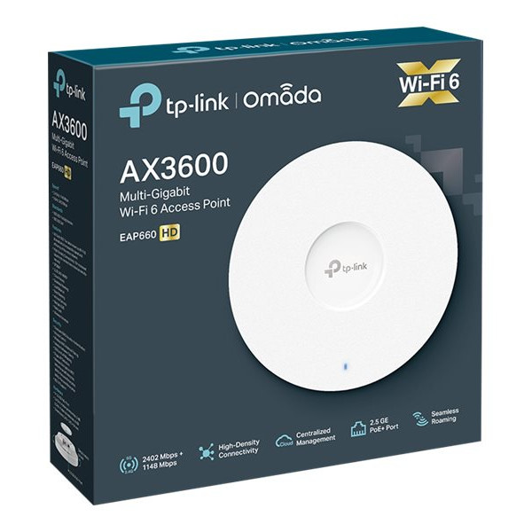 TP-LINK EAP660 HD Bezvadu divu joslu piekaramais griestu piekļuves punkts | TP-LINK | Wireless Dual Band Ceiling Mount Access Point | EAP660 HD | 802.11ax | 2402+1148 Mbit/s | 10/100/1000/2500 Mbit/s | Ethernet LAN (RJ-45) porti 1 | MU-MIMO Jā | PoE in | Antenas tips Iekšējā
