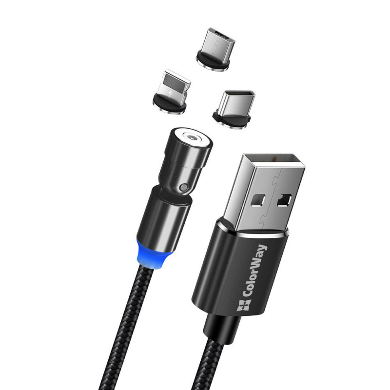 ColorWay kabelis 3in1 (Lightning+MicroUSB+Type-C) magnētiska rotācija 540° 2.4A, 1m | CW-CBUU037-BK