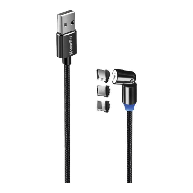 ColorWay kabelis 3in1 (Lightning+MicroUSB+Type-C) magnētiska rotācija 540° 2.4A, 1m | CW-CBUU037-BK