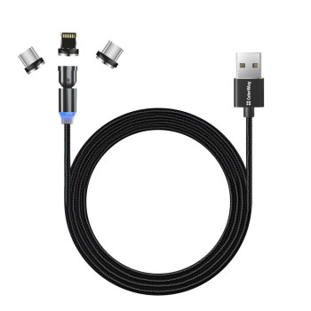 ColorWay kabelis 3in1 (Lightning+MicroUSB+Type-C) magnētiska rotācija 540° 2.4A, 1m | CW-CBUU037-BK