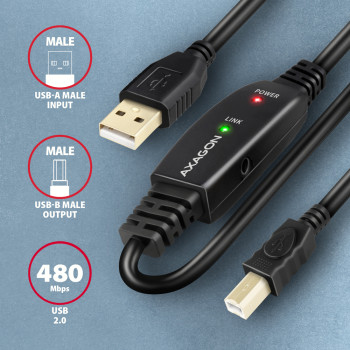 AXAGON | USB pastiprinātāja kabelis, 20 m | ADR-220B | USB Type A uz USB Type B