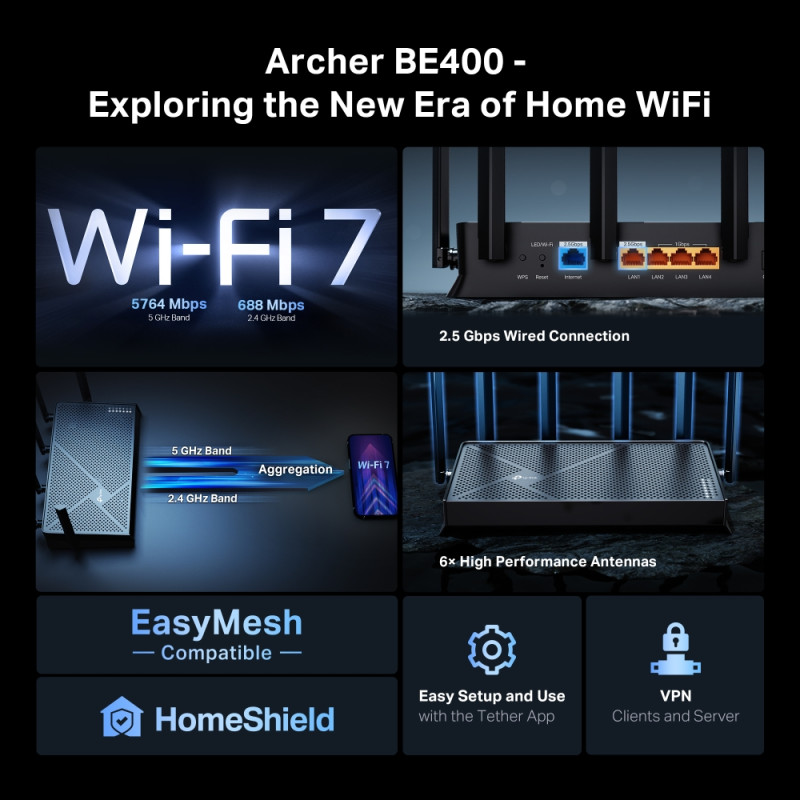 TP-LINK | Archer BE400 BE6500 Divjoslu Wi‑Fi 7 maršrutētājs | 802.11ax | Ethernet LAN (RJ-45) porti 4 | Mesh atbalsts Jā | MU‑MIMO Jā | Nav mobila platjosla | Antenas tips Ārējā