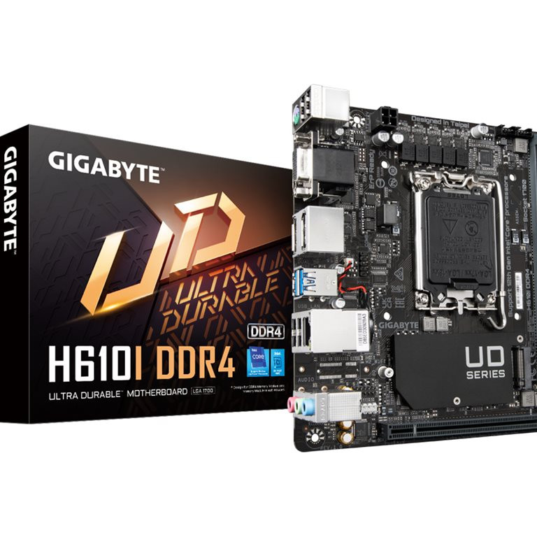 Gigabyte | H610I DDR4 1.0 M/B | Procesoru saime Intel | Procesora ligzda LGA1700 | DDR4 DIMM | Atmiņas sloti 2 | Atbalstītās cietā diska saskarnes SATA, M.2 | SATA savienotāju skaits 4 | Intel H610 Express čipsets | Mini-ITX
