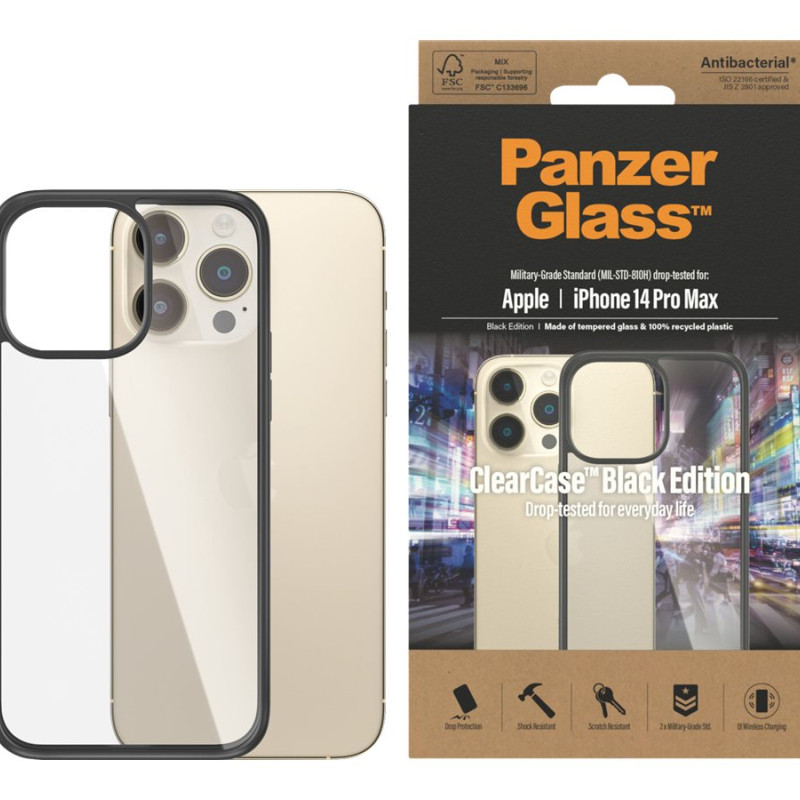PanzerGlass | ClearCase ar melnu rāmi | Aizsargvāciņš | Apple | iPhone 14 Pro Max | Melns | Militārā līmeņa standarts; Skrāpējumu izturīgs; Triecienizturīgs; Antibakteriāls; 100% pārstrādāta rāmja materiāla