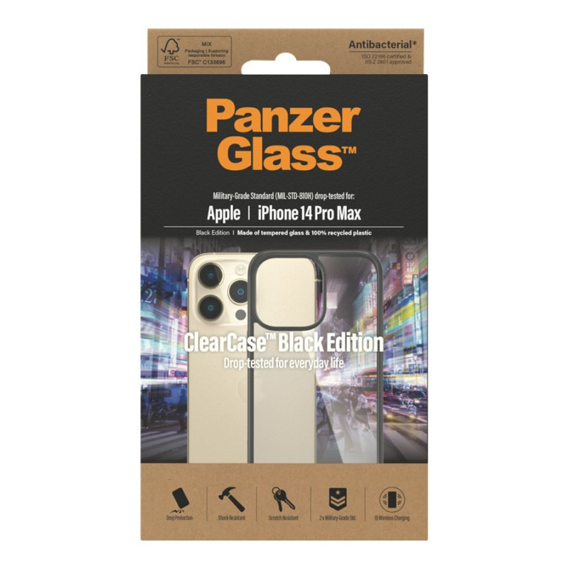 PanzerGlass | ClearCase ar melnu rāmi | Aizsargvāciņš | Apple | iPhone 14 Pro Max | Melns | Militārā līmeņa standarts; Skrāpējumu izturīgs; Triecienizturīgs; Antibakteriāls; 100% pārstrādāta rāmja materiāla