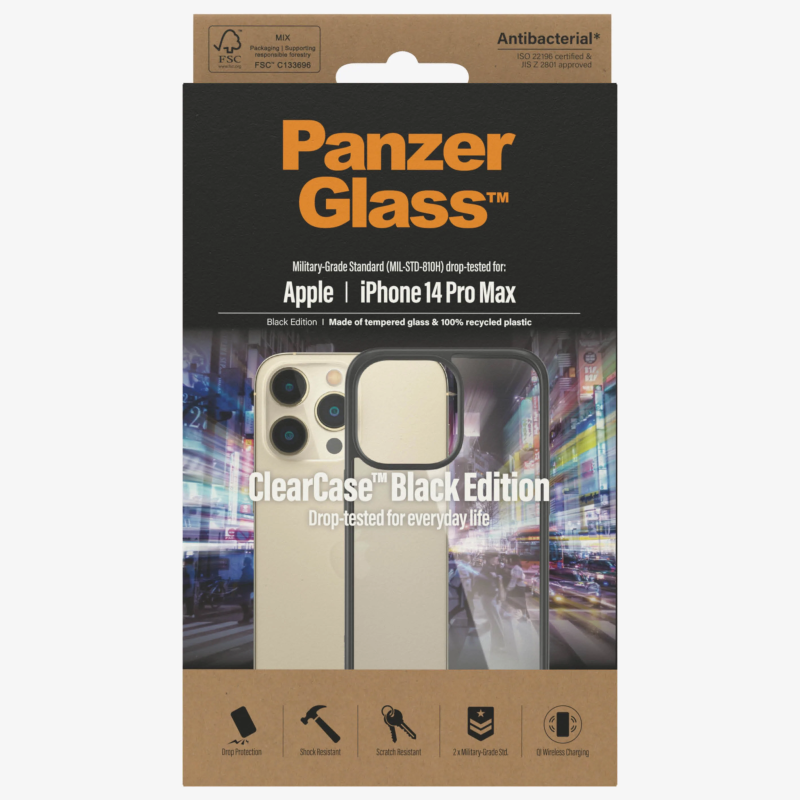 PanzerGlass | ClearCase ar melnu rāmi | Aizsargvāciņš | Apple | iPhone 14 Pro Max | Melns | Militārā līmeņa standarts; Skrāpējumu izturīgs; Triecienizturīgs; Antibakteriāls; 100% pārstrādāta rāmja materiāla