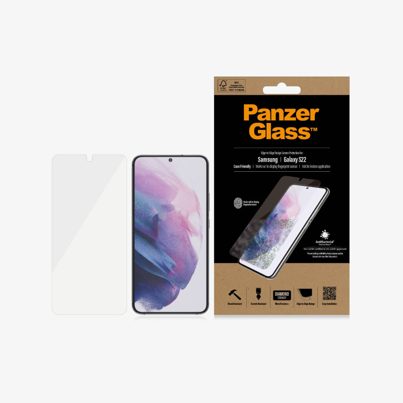 PanzerGlass | Samsung | Galaxy S22 | Tempered glass | Transparent | Case friendly. Compatible with ultrasonic fingerprint sensor. 100 % touch sensitivity. Antibacterial (ISO 22196 certified & JIS 22810 approved) | Screen Protector