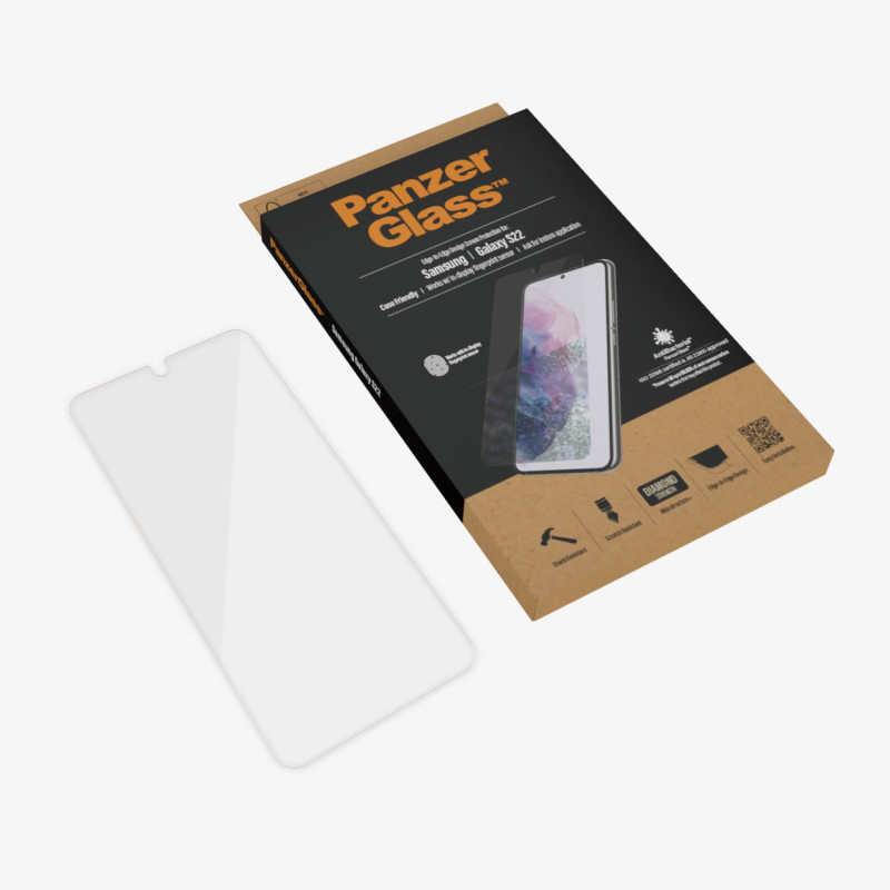 PanzerGlass | Samsung | Galaxy S22 | Tempered glass | Transparent | Case friendly. Compatible with ultrasonic fingerprint sensor. 100 % touch sensitivity. Antibacterial (ISO 22196 certified & JIS 22810 approved) | Screen Protector