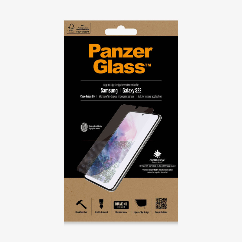 PanzerGlass | Samsung | Galaxy S22 | Tempered glass | Transparent | Case friendly. Compatible with ultrasonic fingerprint sensor. 100 % touch sensitivity. Antibacterial (ISO 22196 certified & JIS 22810 approved) | Screen Protector