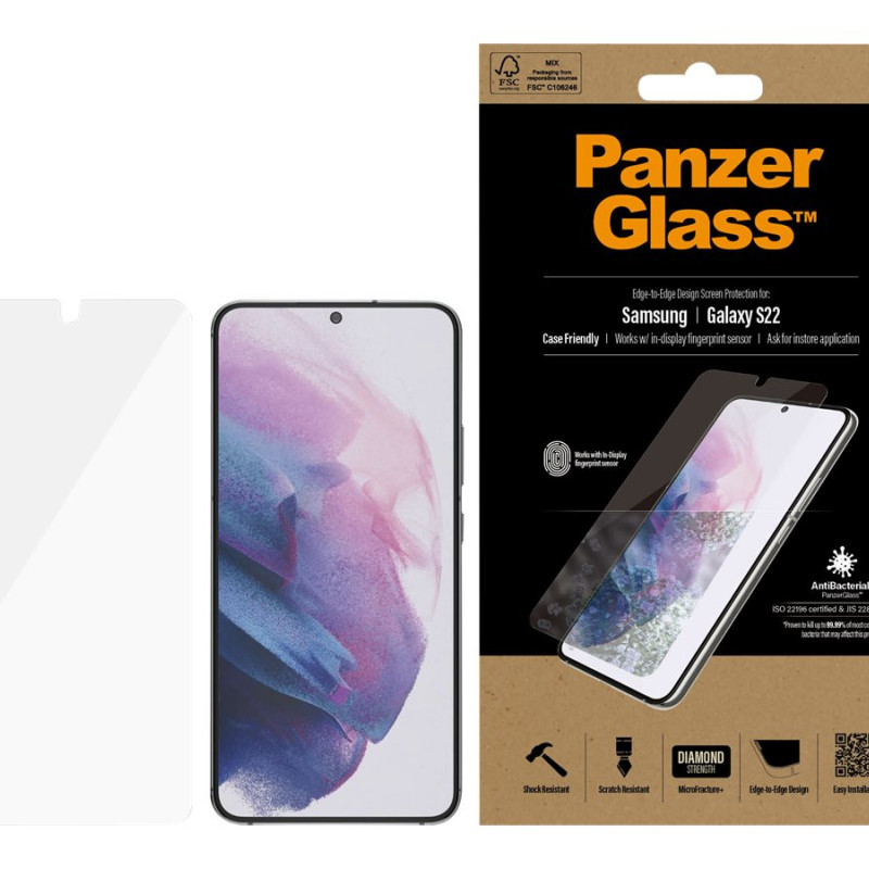 PanzerGlass | Samsung | Galaxy S22 | Tempered glass | Transparent | Case friendly. Compatible with ultrasonic fingerprint sensor. 100 % touch sensitivity. Antibacterial (ISO 22196 certified & JIS 22810 approved) | Screen Protector